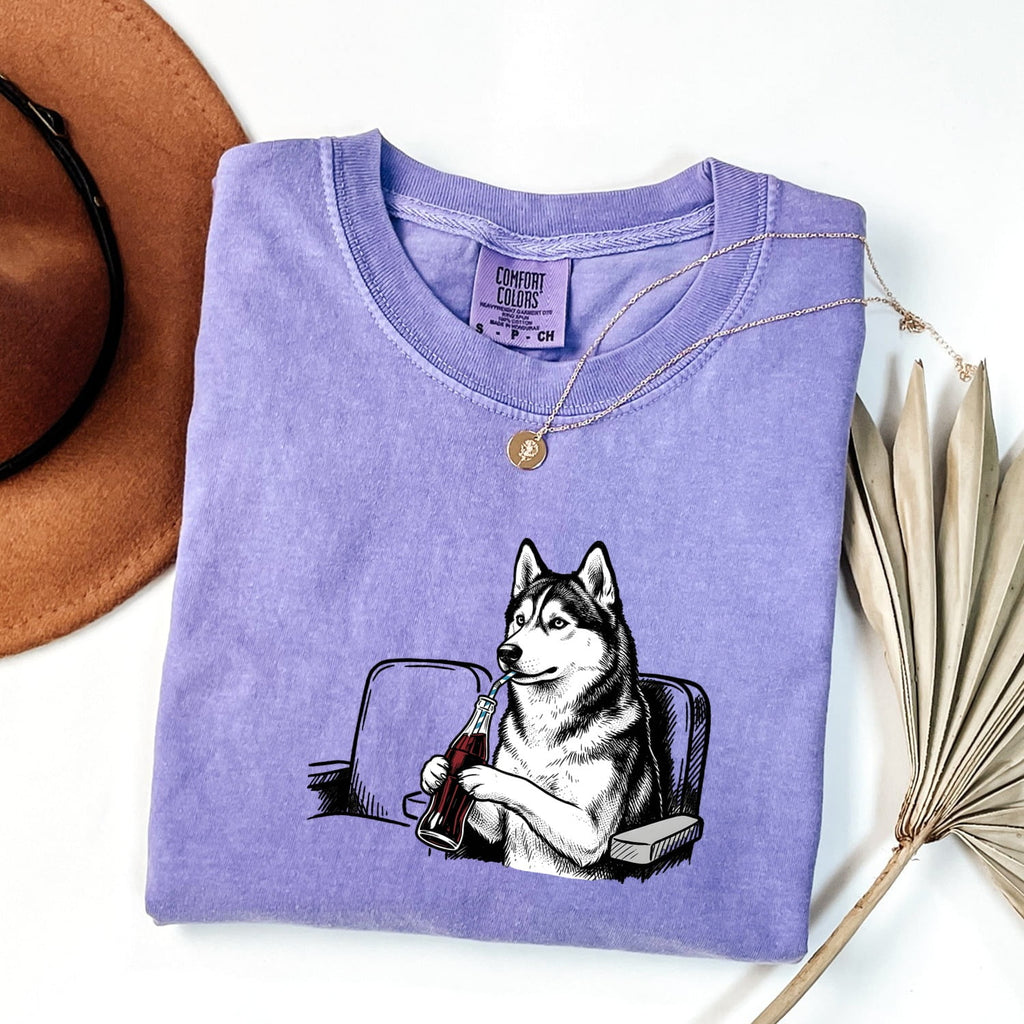 Sled Dog Shirt for Women – Funny Minimalist Husky Fizzy Drink Cartoon Graphic Tee