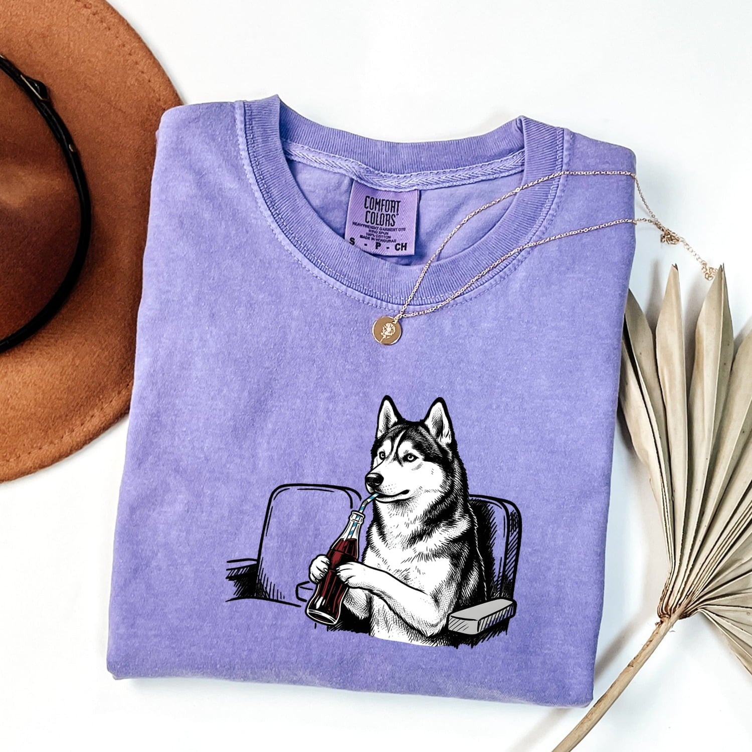 Sled Dog Shirt for Women – Funny Minimalist Husky Fizzy Drink Cartoon Graphic Tee