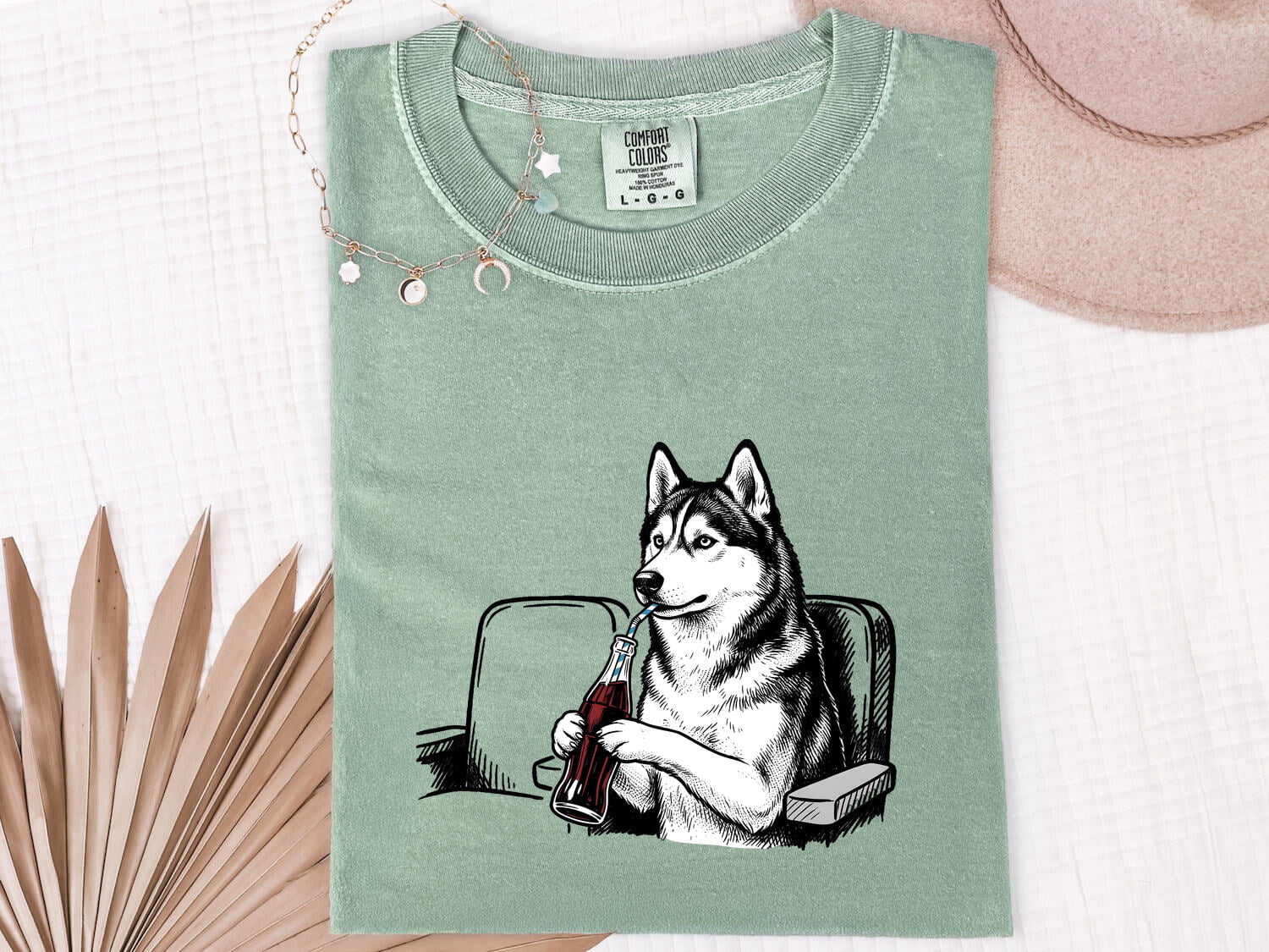 Sled Dog Shirt for Women – Funny Minimalist Husky Fizzy Drink Cartoon Graphic Tee