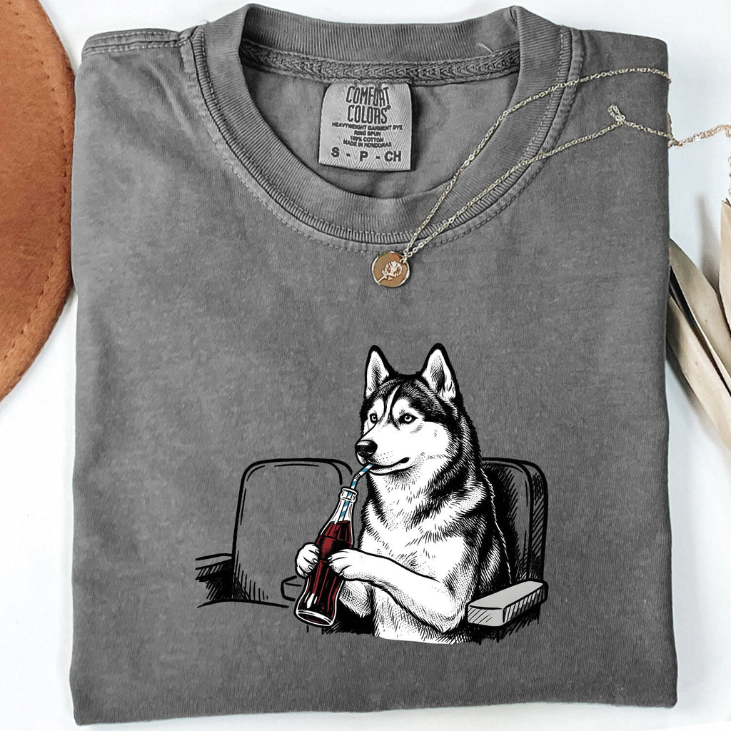 Sled Dog Shirt for Women – Funny Minimalist Husky Fizzy Drink Cartoon Graphic Tee