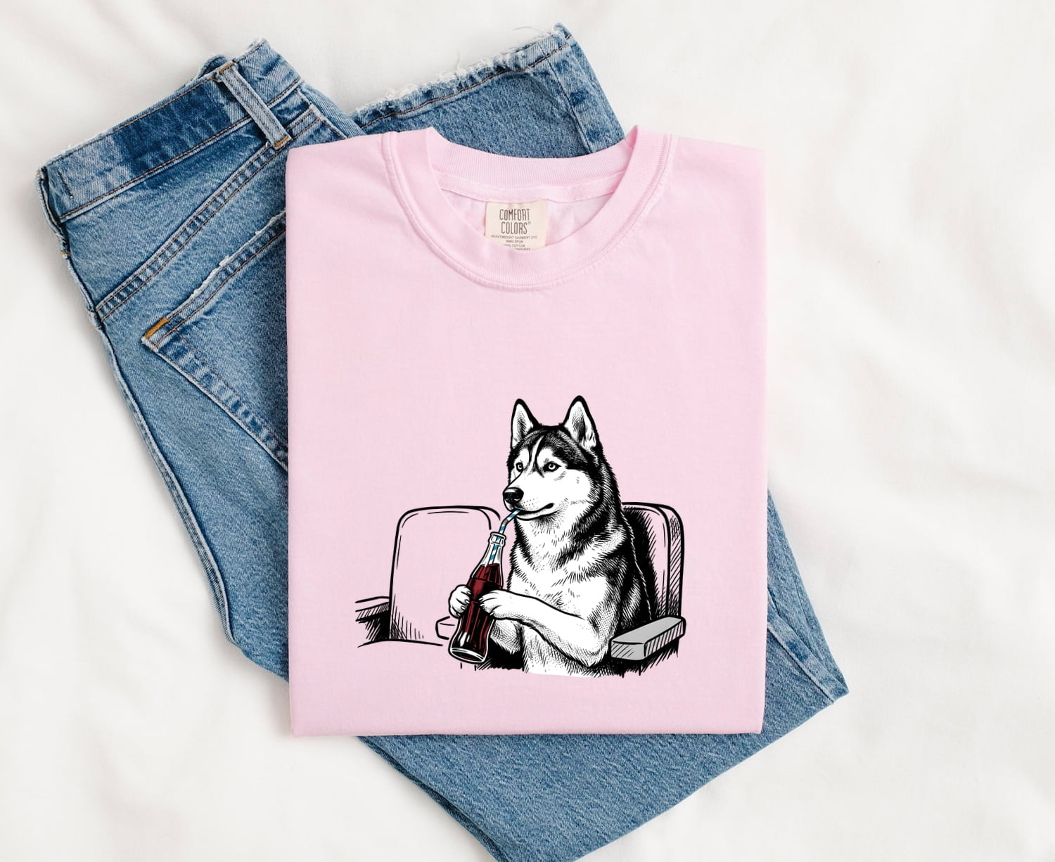 Sled Dog Shirt for Women – Funny Minimalist Husky Fizzy Drink Cartoon Graphic Tee