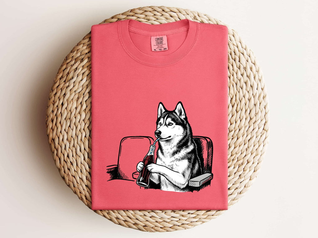 Sled Dog Shirt for Women – Funny Minimalist Husky Fizzy Drink Cartoon Graphic Tee