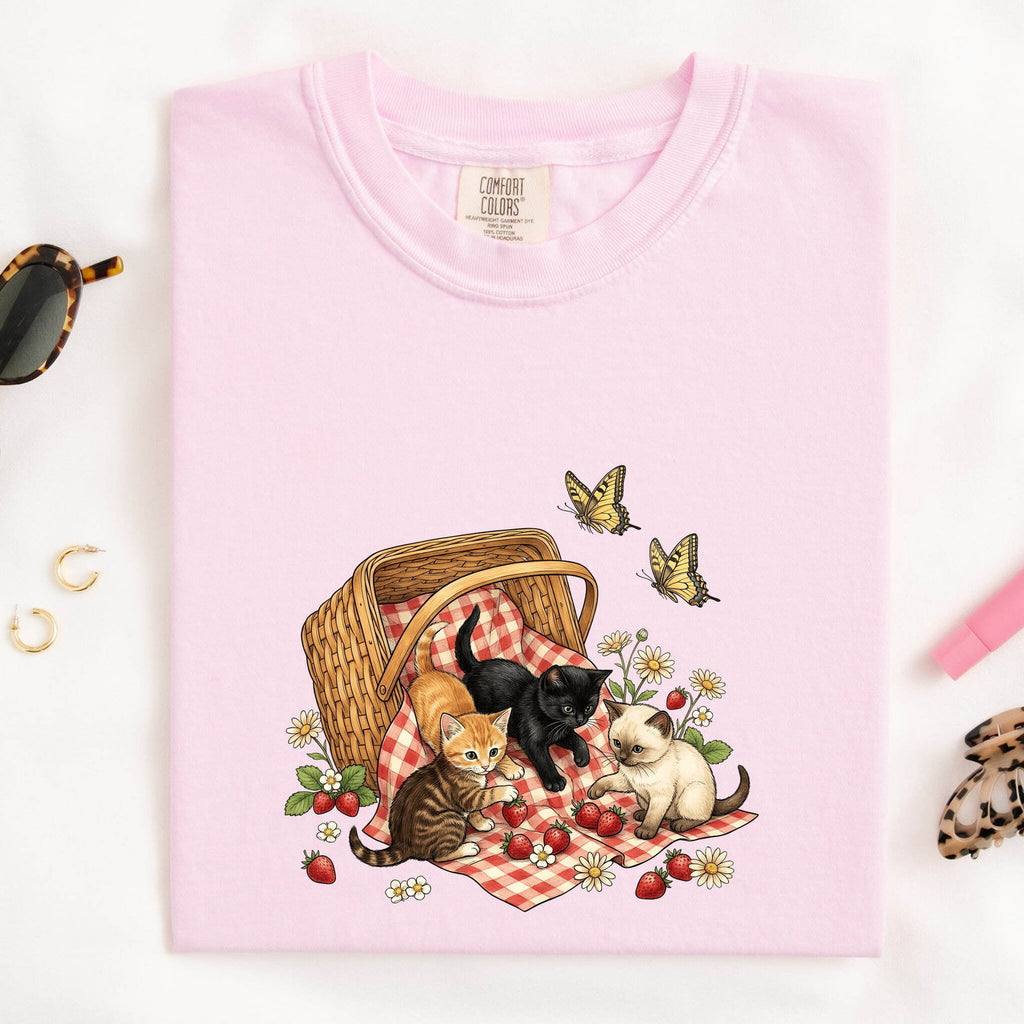 Kitten Picnic Shirt for Women – Hand Drawn Rustic Country Line Art Cat Graphic Tee