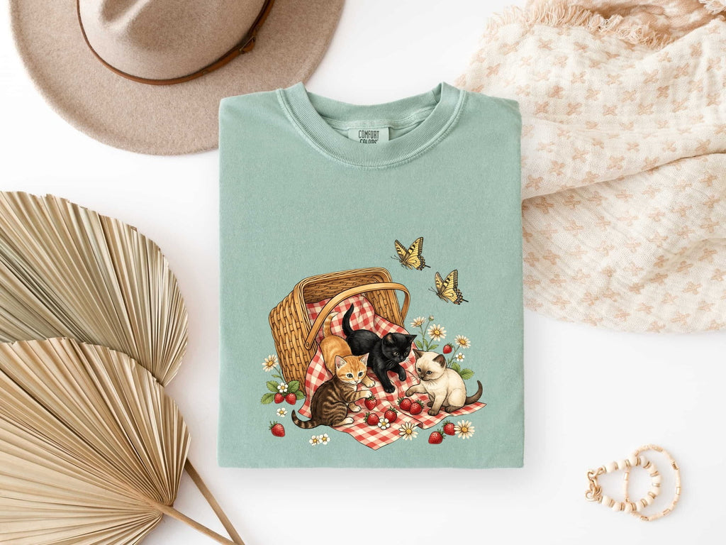 Kitten Picnic Shirt for Women – Hand Drawn Rustic Country Line Art Cat Graphic Tee