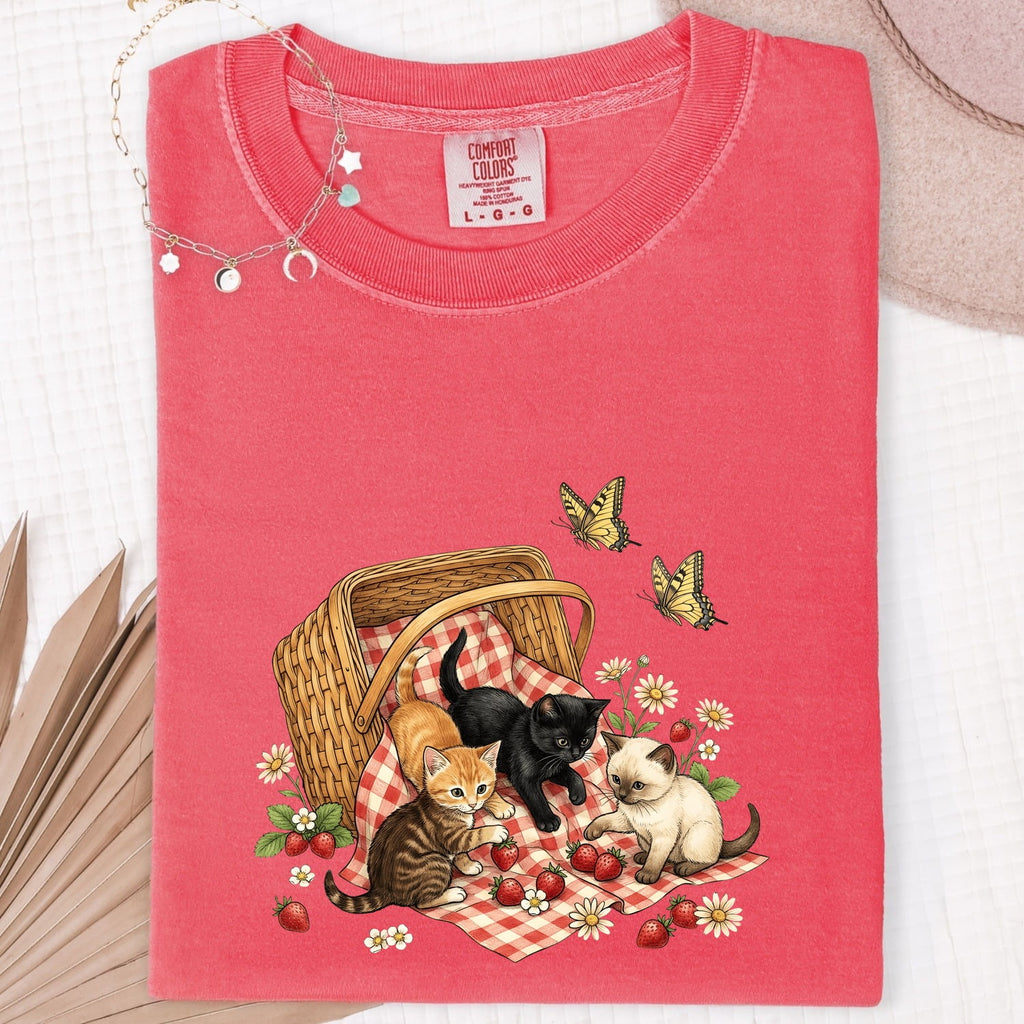 Kitten Picnic Shirt for Women – Hand Drawn Rustic Country Line Art Cat Graphic Tee