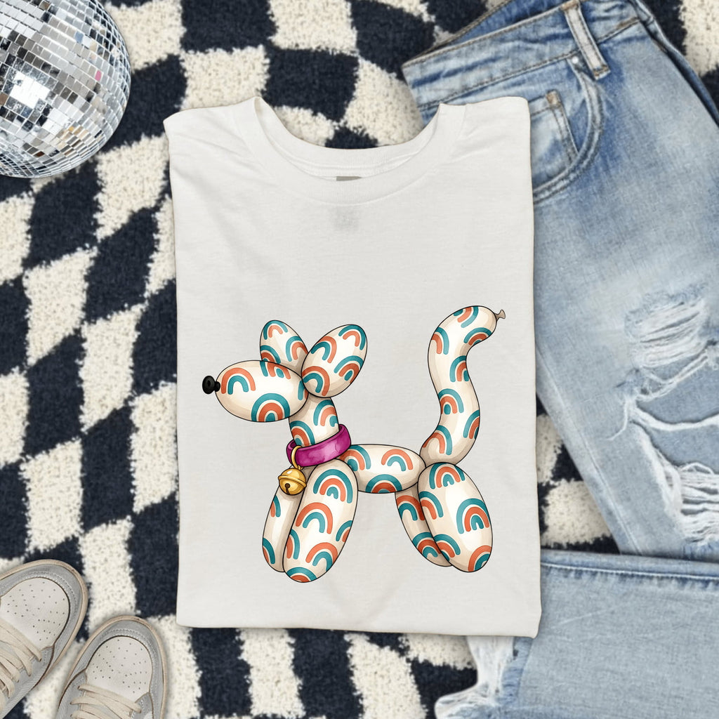 Balloon Dog Shirt for Women – Whimsical Hand Drawn Rainbow Cartoon Graphic Tee