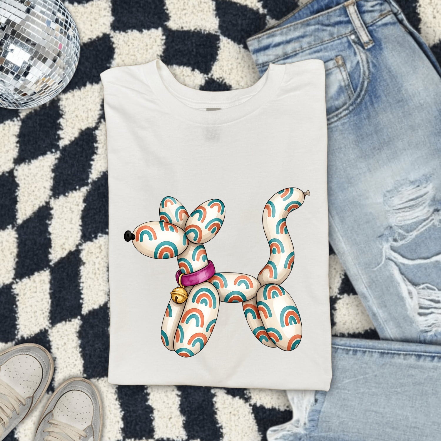 Balloon Dog Shirt for Women – Whimsical Hand Drawn Rainbow Cartoon Graphic Tee