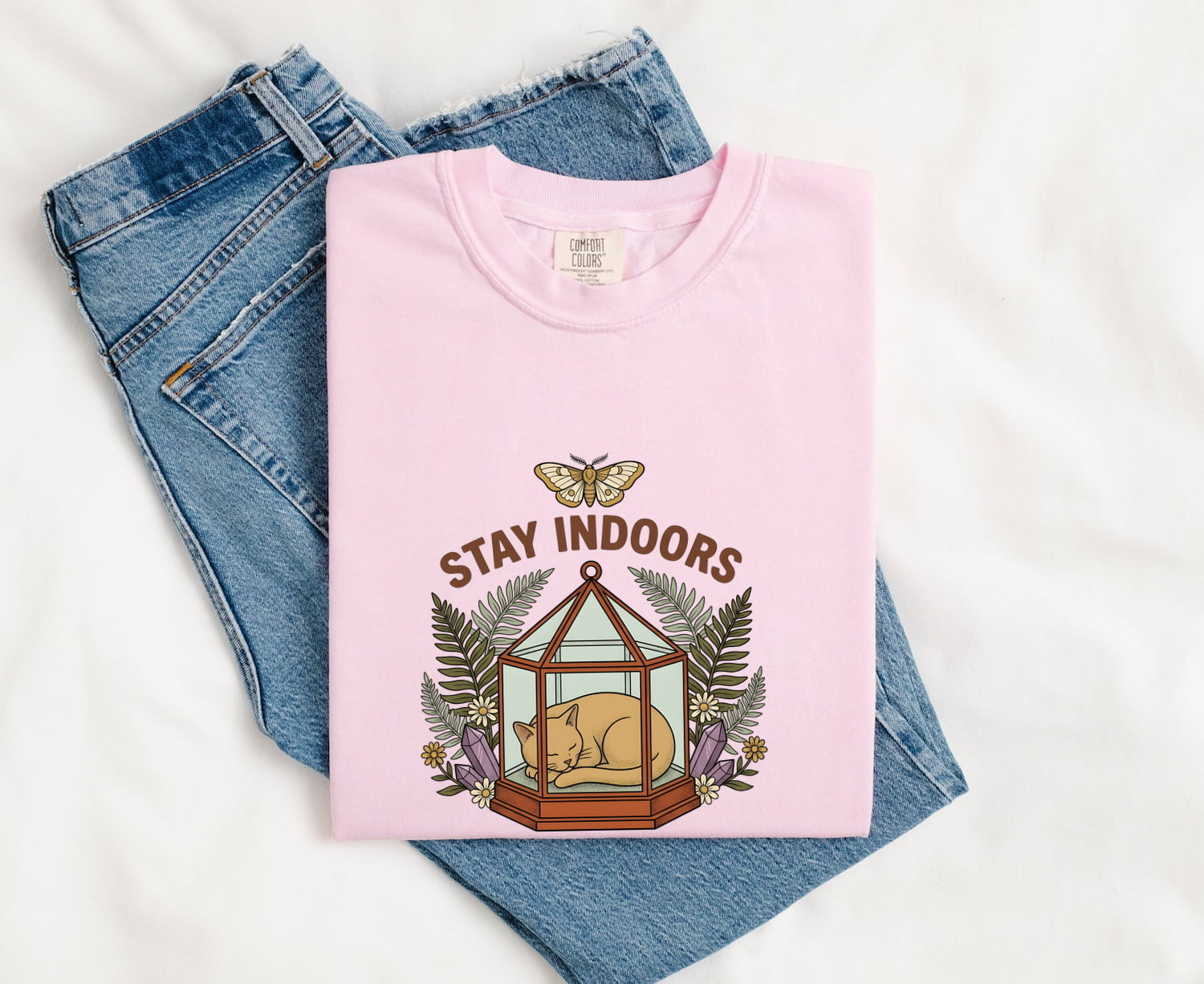 Napping Kitten Shirt for Women – Boho Retro Glass Garden Nature Graphic Tee