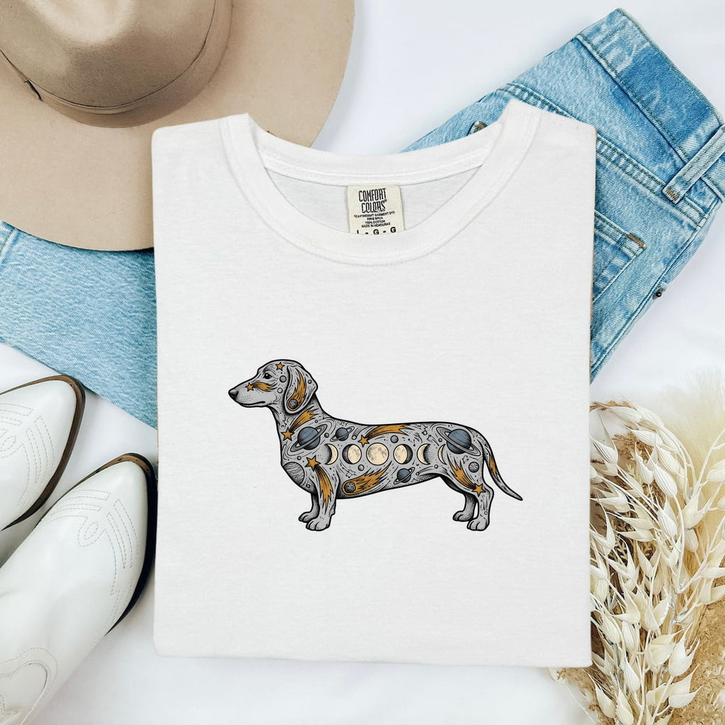 Dachshund Shirt for Women – Mystic Cosmos Moon Stages Spiritual Wiener Dog Graphic Tee