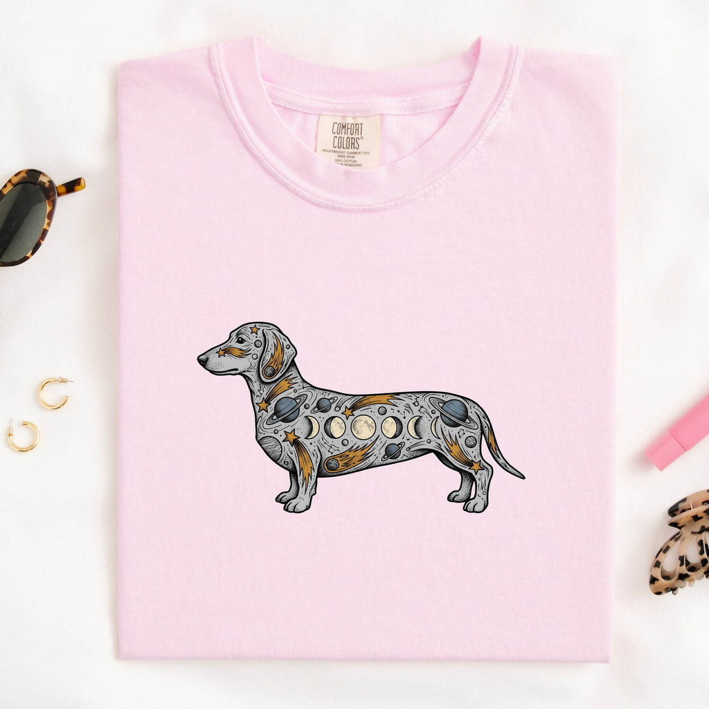 Dachshund Shirt for Women – Mystic Cosmos Moon Stages Spiritual Wiener Dog Graphic Tee