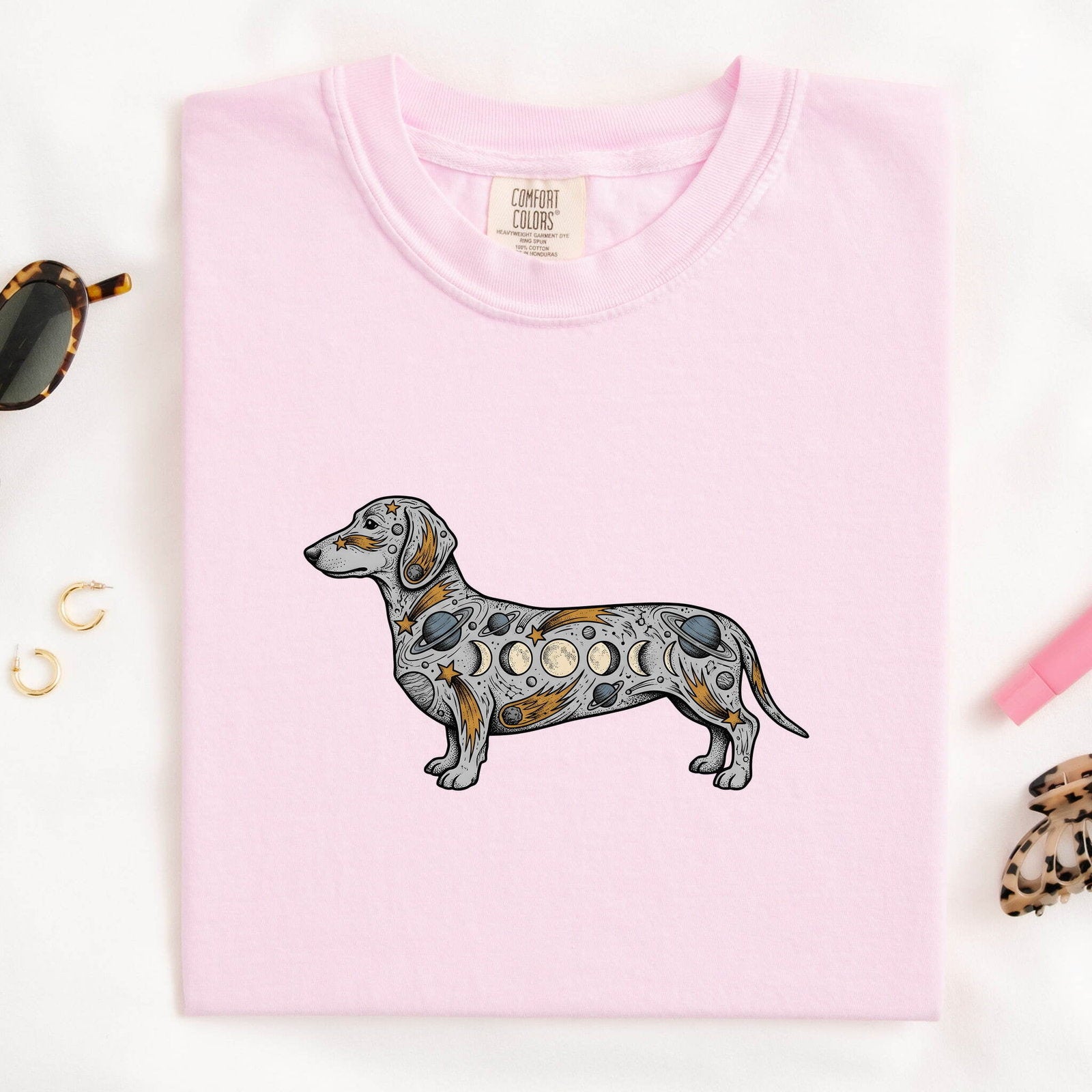 Dachshund Shirt for Women – Mystic Cosmos Moon Stages Spiritual Wiener Dog Graphic Tee