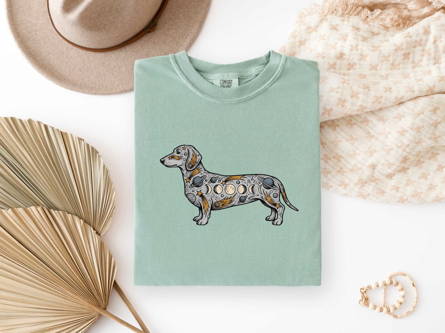 Dachshund Shirt for Women – Mystic Cosmos Moon Stages Spiritual Wiener Dog Graphic Tee