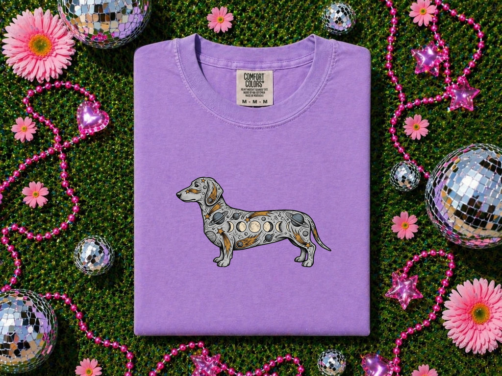 Dachshund Shirt for Women – Mystic Cosmos Moon Stages Spiritual Wiener Dog Graphic Tee