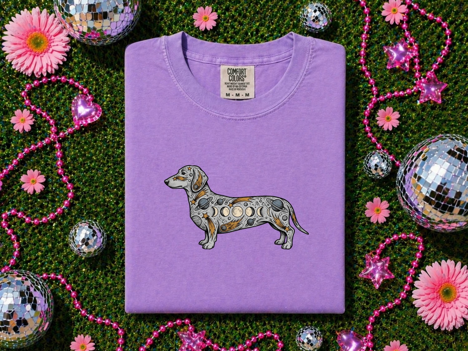 Dachshund Shirt for Women – Mystic Cosmos Moon Stages Spiritual Wiener Dog Graphic Tee