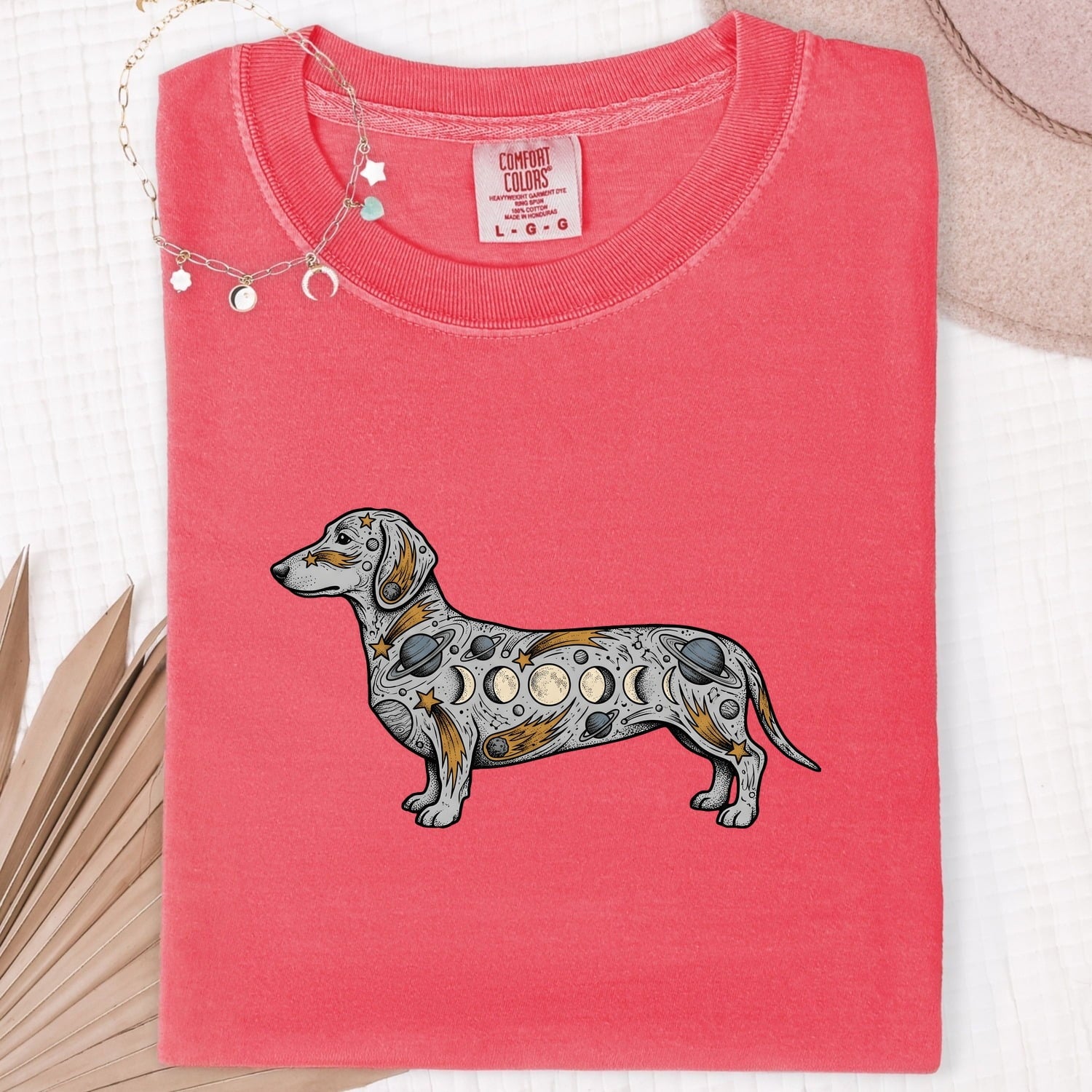 Dachshund Shirt for Women – Mystic Cosmos Moon Stages Spiritual Wiener Dog Graphic Tee