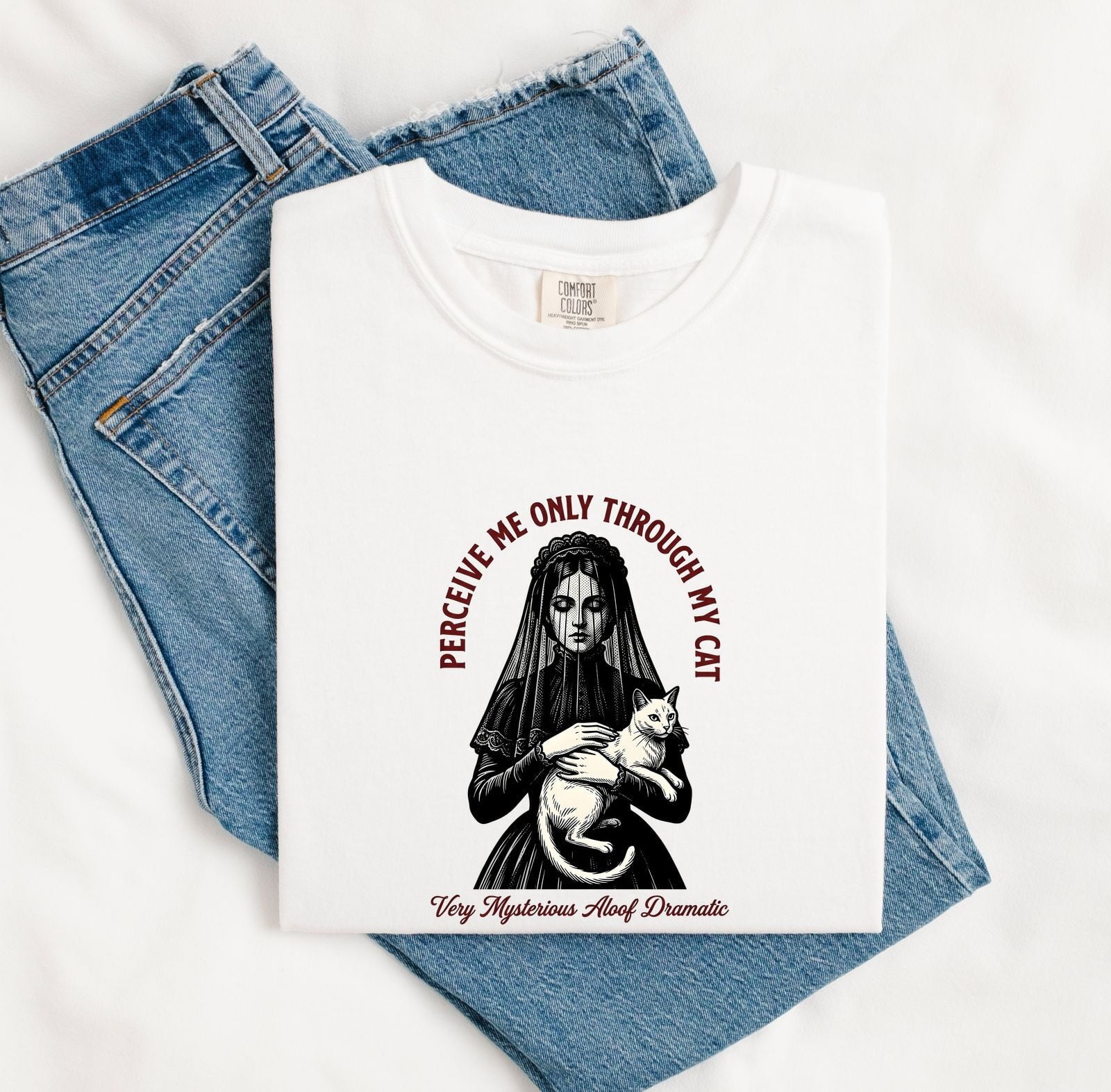 Gothic Cat Shirt for Women – Vintage Dark Hand Drawn Veil Cat Lady Graphic Tee
