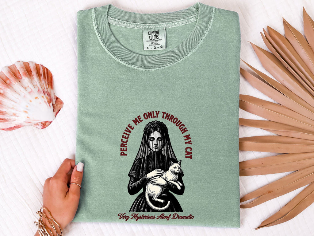 Gothic Cat Shirt for Women – Vintage Dark Hand Drawn Veil Cat Lady Graphic Tee