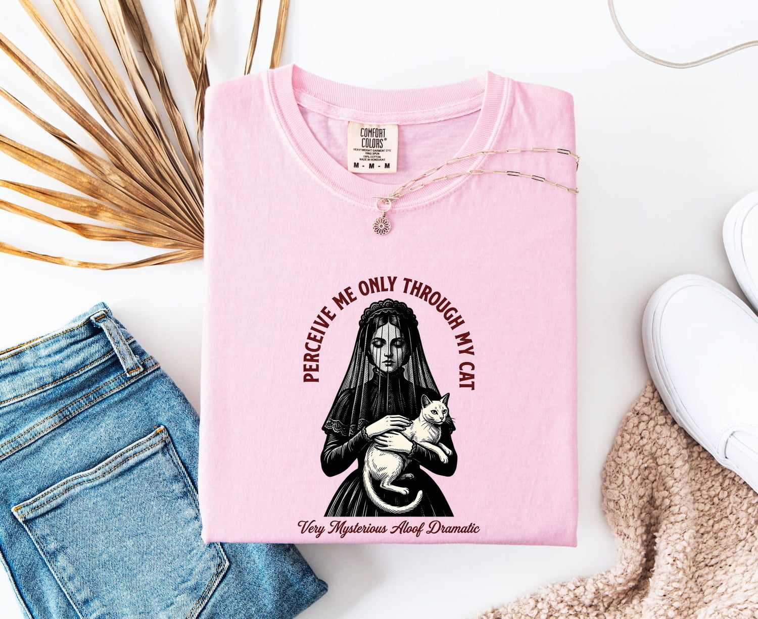 Gothic Cat Shirt for Women – Vintage Dark Hand Drawn Veil Cat Lady Graphic Tee