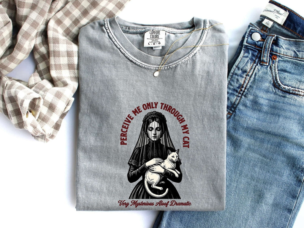 Gothic Cat Shirt for Women – Vintage Dark Hand Drawn Veil Cat Lady Graphic Tee