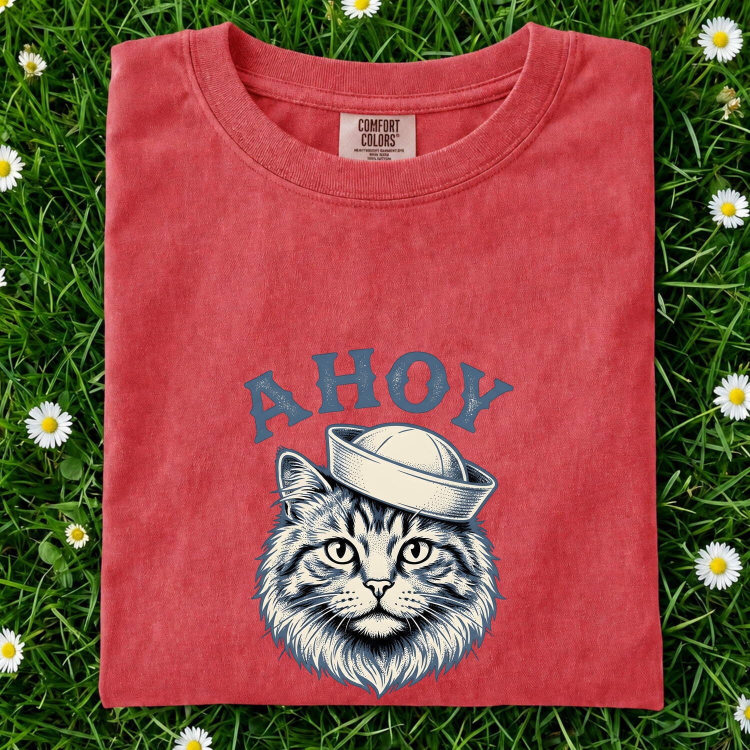 Sailor Cat Shirt for Women – Vintage Nautical Hand Drawn Maritime Hat Graphic Tee