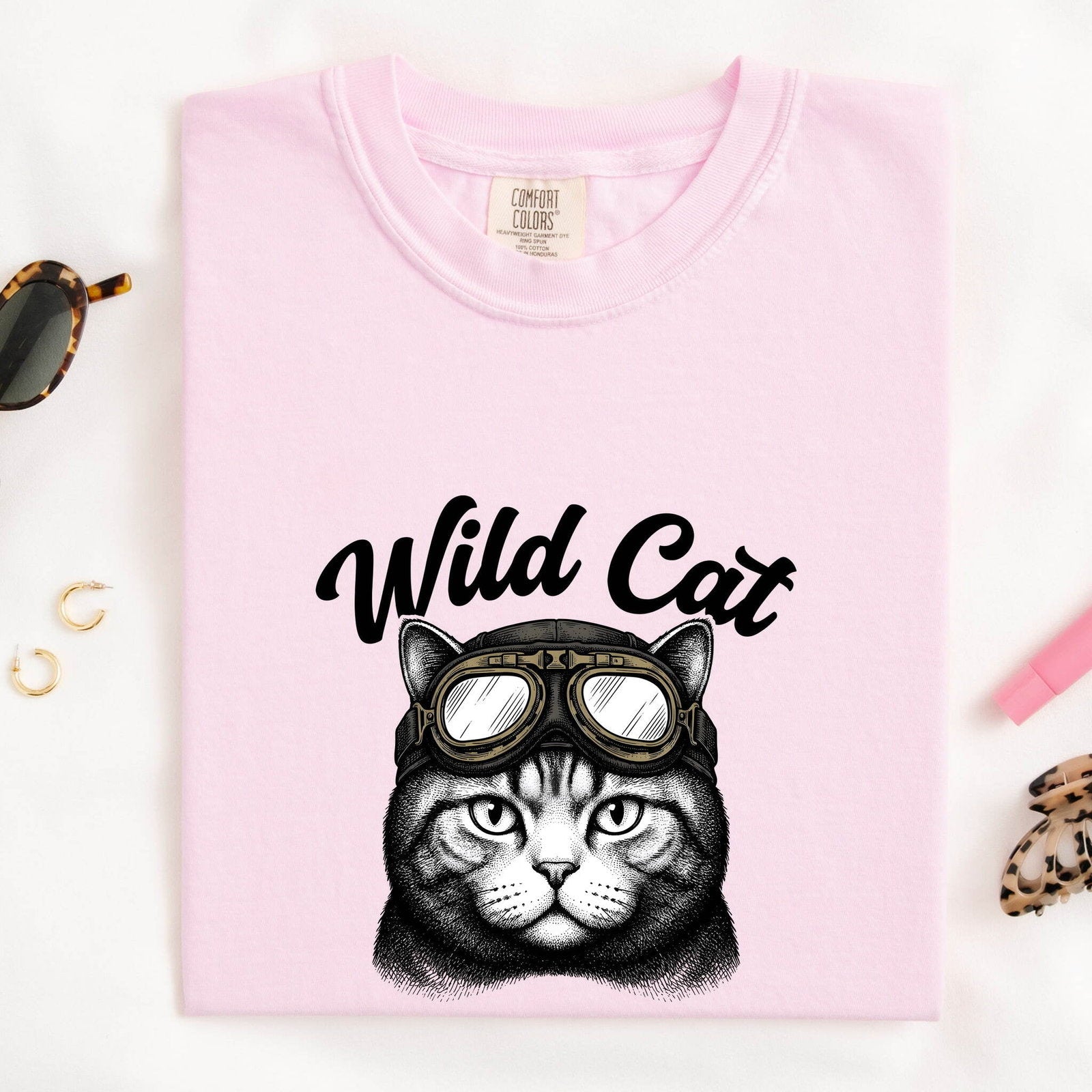 Cat Goggles Shirt for Women – Old School Wildlife Ink Illustration Kitty Graphic Tee