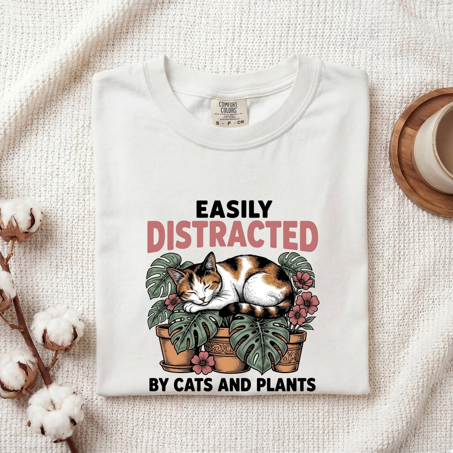 Dozing Cat Shirt for Women – Antique Garden Outline Palm Leaves Kitten Graphic Tee