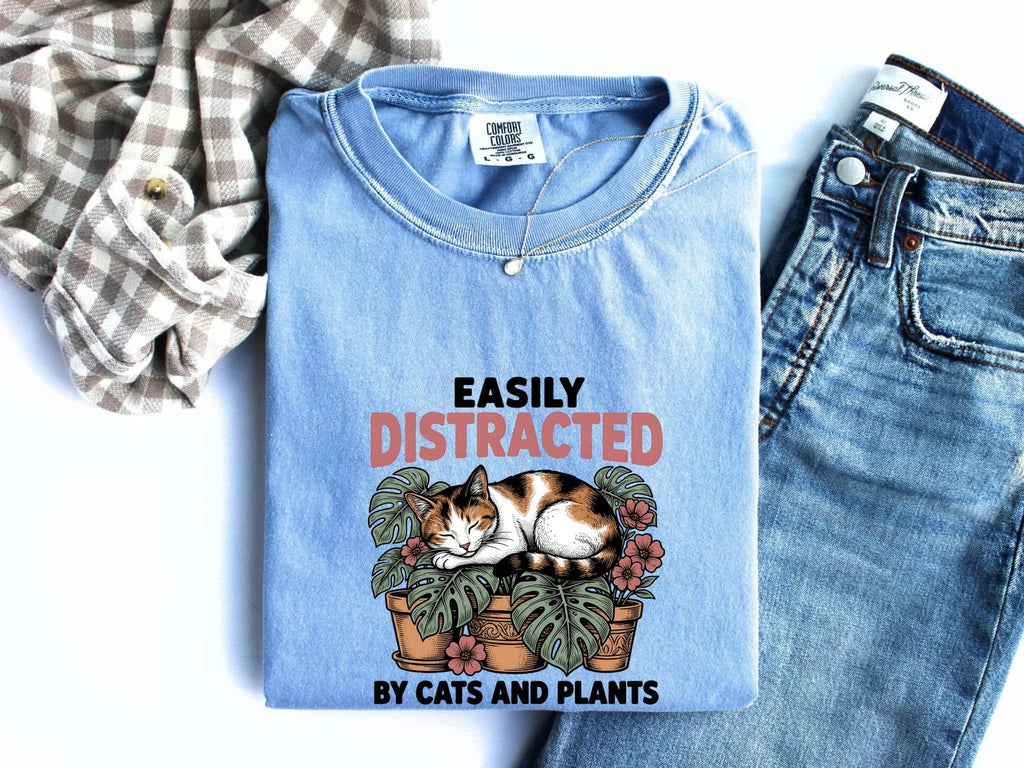 Dozing Cat Shirt for Women – Antique Garden Outline Palm Leaves Kitten Graphic Tee