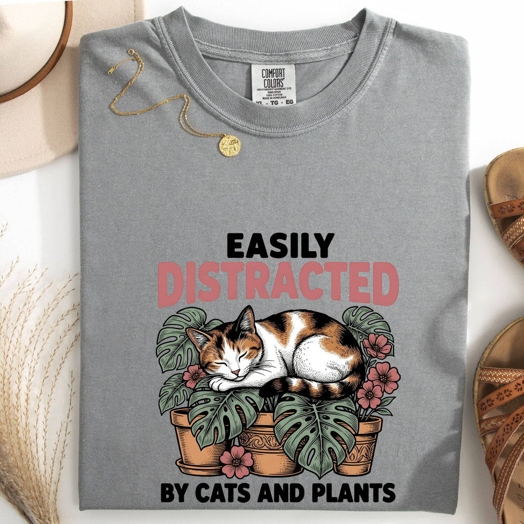 Dozing Cat Shirt for Women – Antique Garden Outline Palm Leaves Kitten Graphic Tee