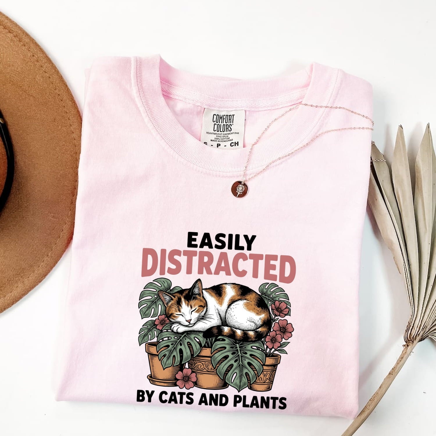 Dozing Cat Shirt for Women – Antique Garden Outline Palm Leaves Kitten Graphic Tee