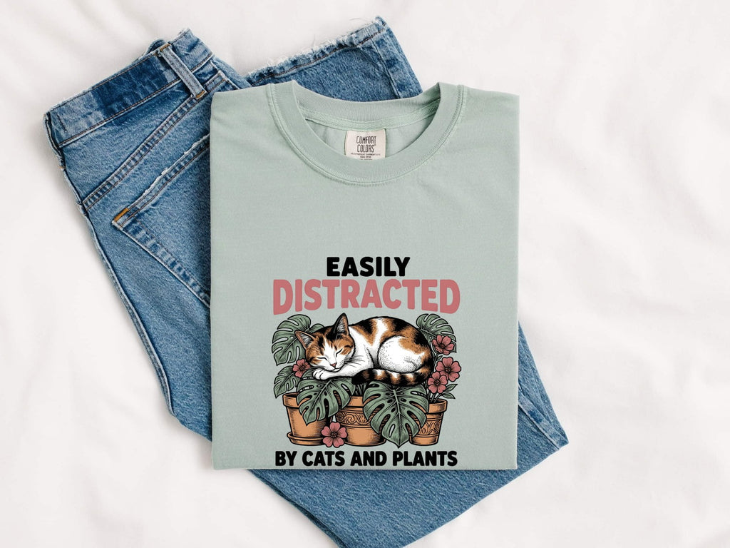 Dozing Cat Shirt for Women – Antique Garden Outline Palm Leaves Kitten Graphic Tee