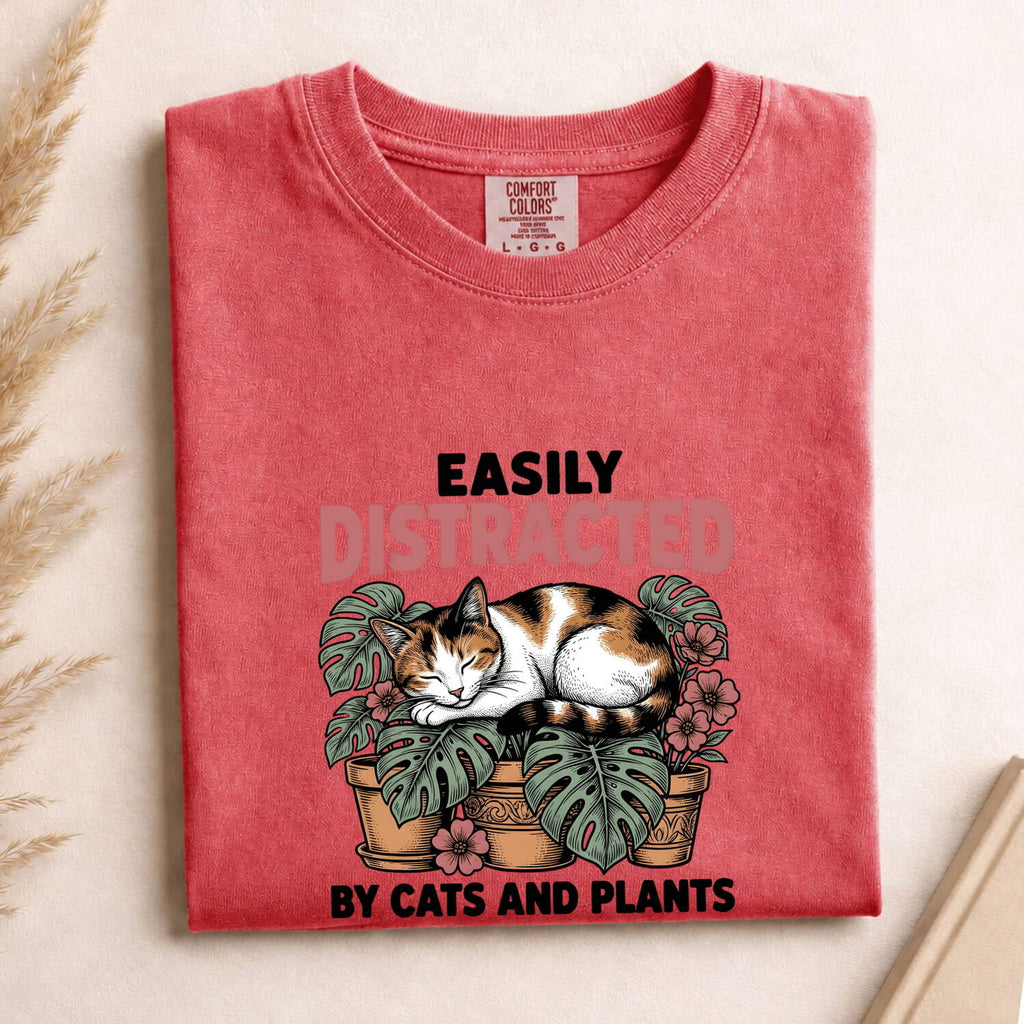Dozing Cat Shirt for Women – Antique Garden Outline Palm Leaves Kitten Graphic Tee