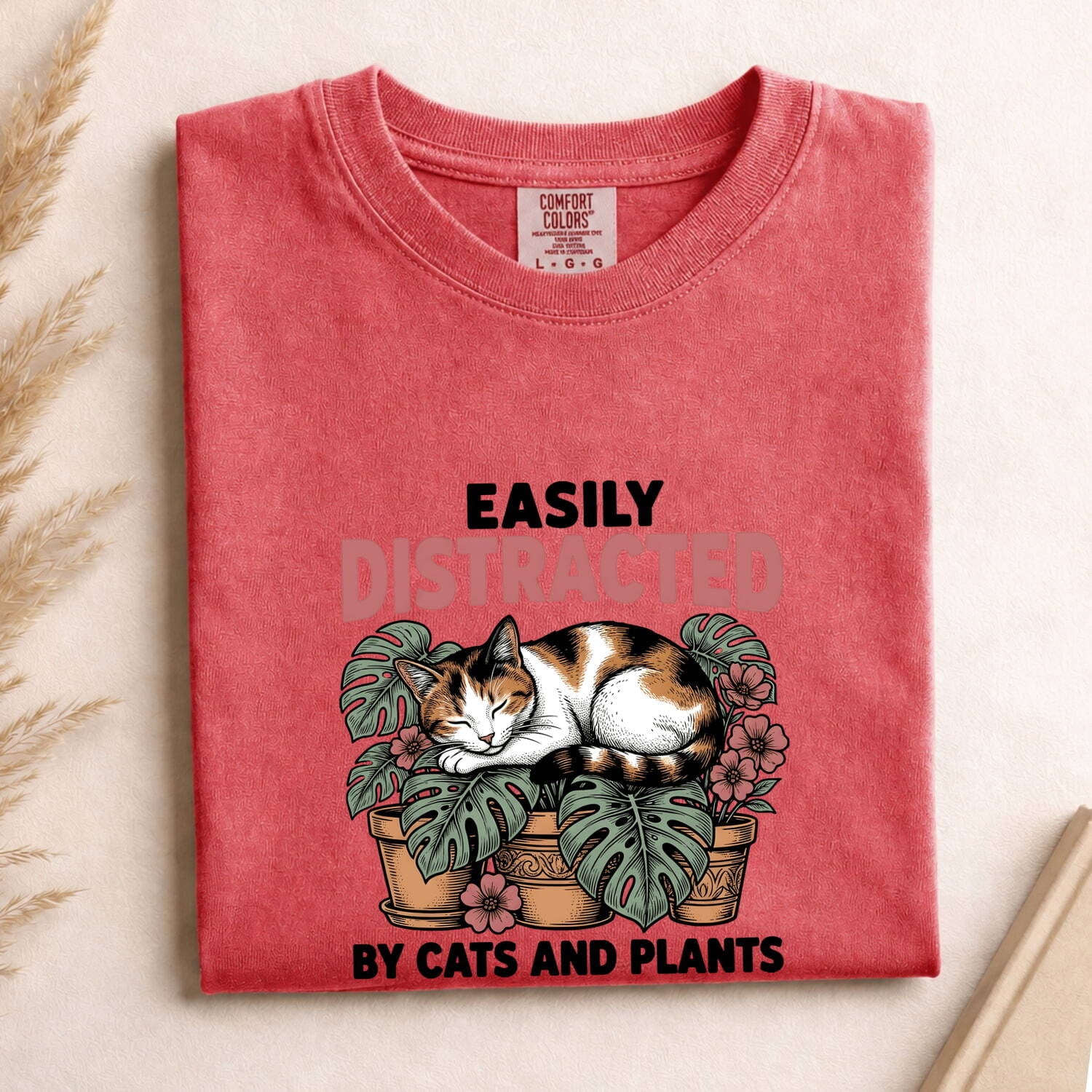 Dozing Cat Shirt for Women – Antique Garden Outline Palm Leaves Kitten Graphic Tee