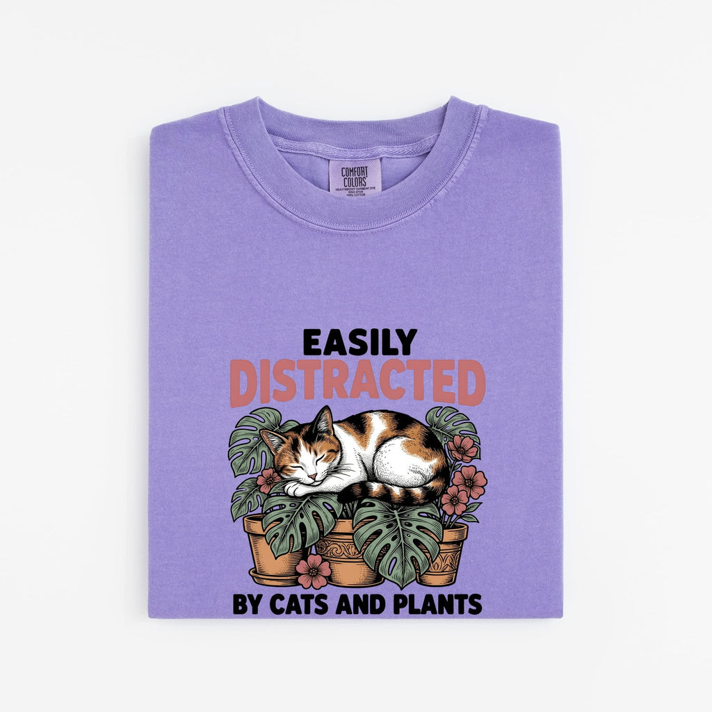 Dozing Cat Shirt for Women – Antique Garden Outline Palm Leaves Kitten Graphic Tee