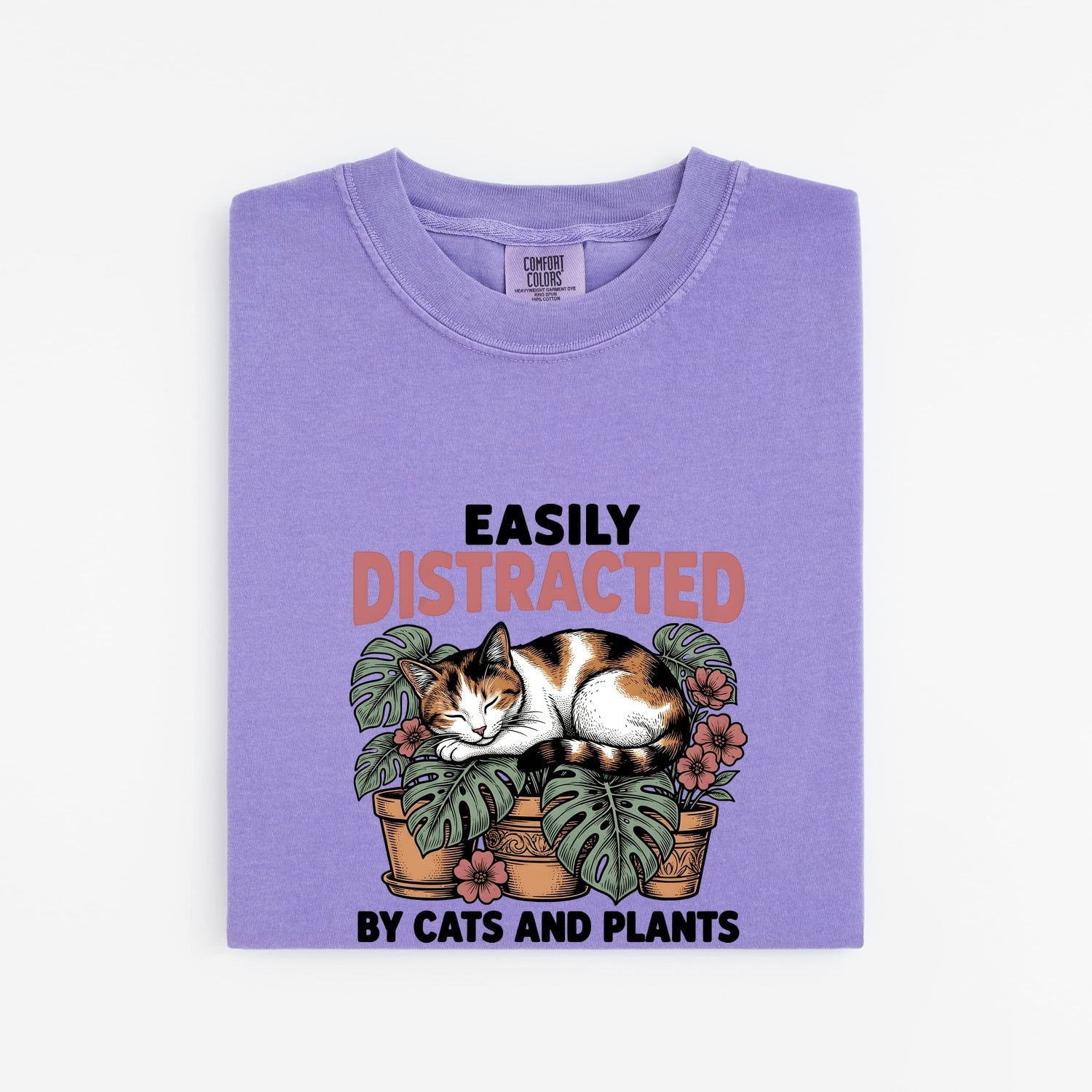 Dozing Cat Shirt for Women – Antique Garden Outline Palm Leaves Kitten Graphic Tee