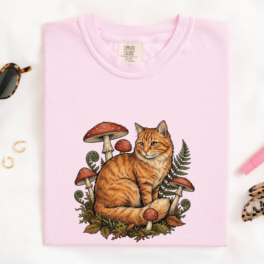 Orange Tabby Shirt for Women – Retro Floral Toadstool Nature Kitten Graphic Tee