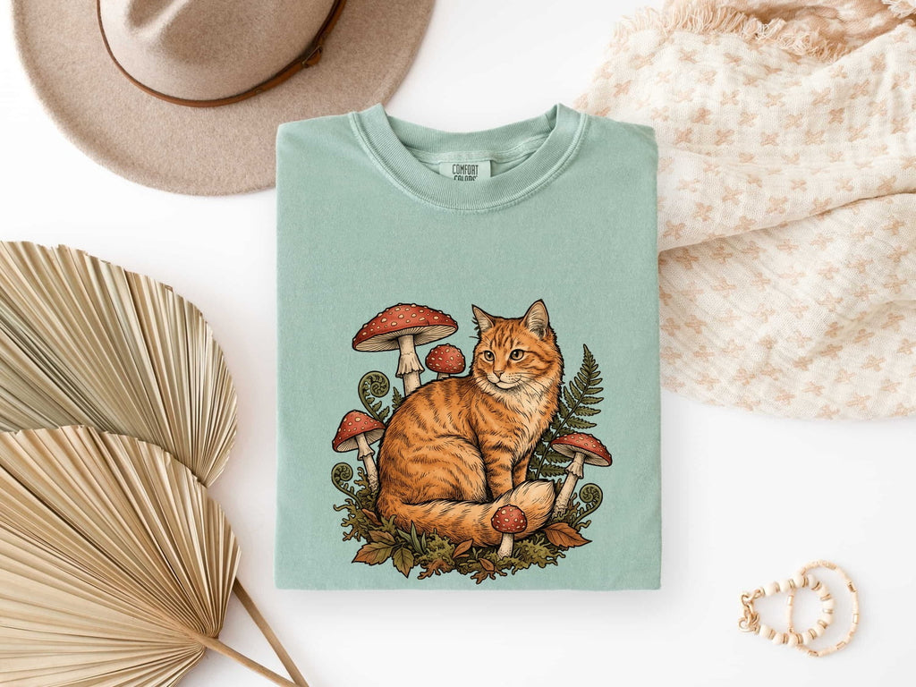 Orange Tabby Shirt for Women – Retro Floral Toadstool Nature Kitten Graphic Tee