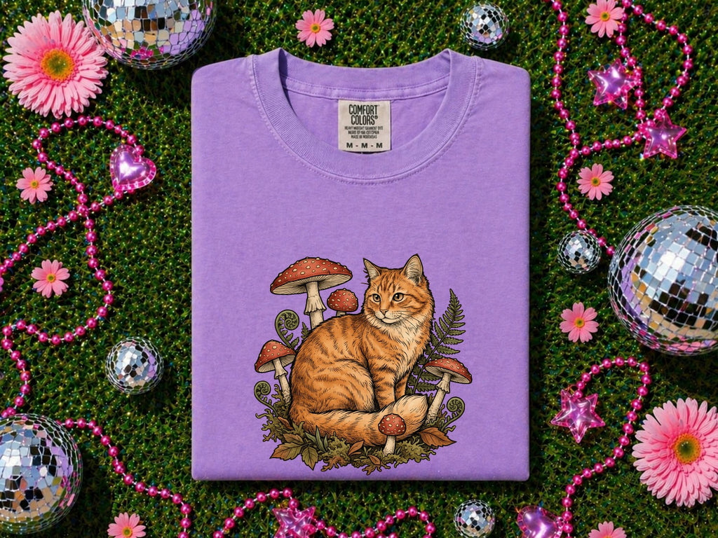 Orange Tabby Shirt for Women – Retro Floral Toadstool Nature Kitten Graphic Tee