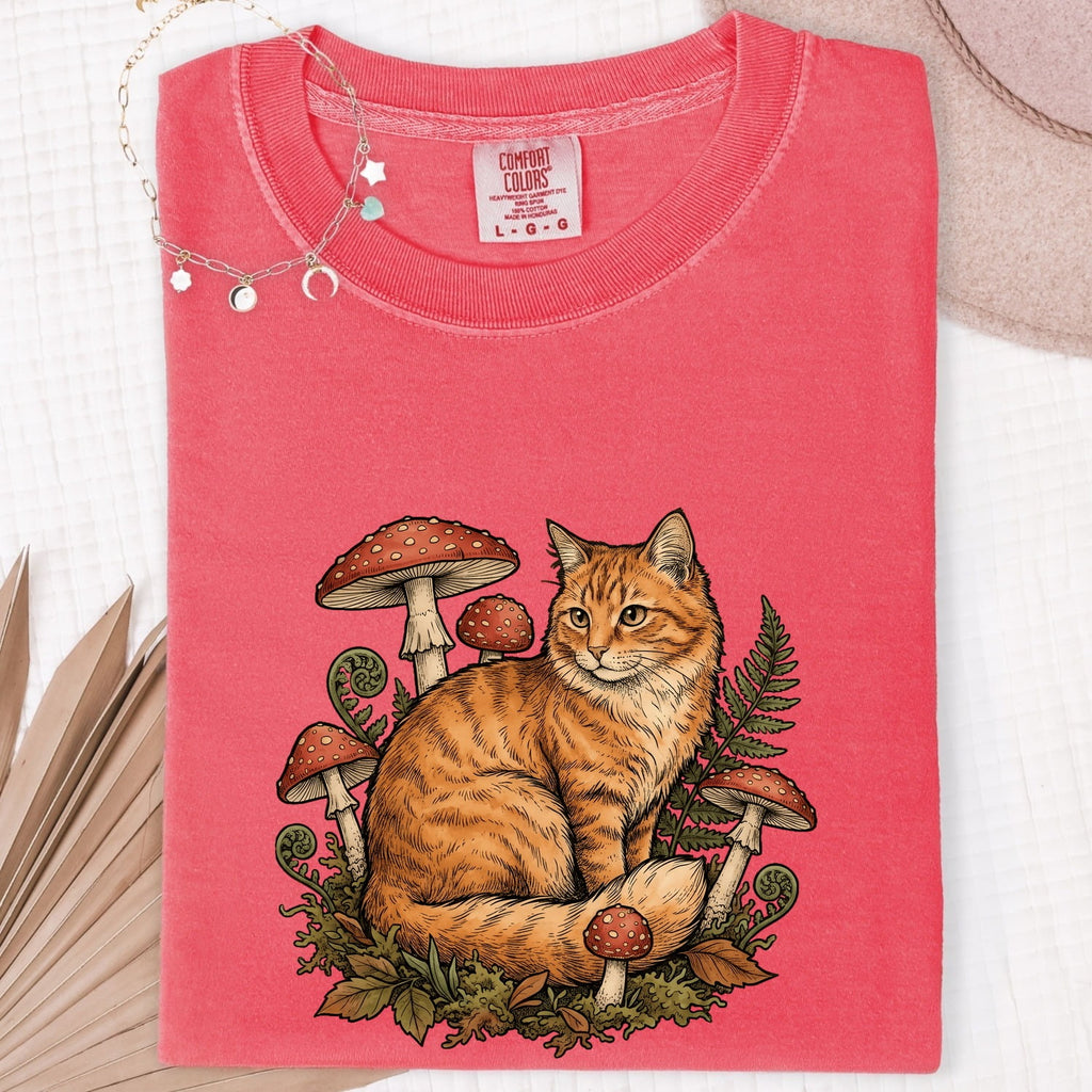 Orange Tabby Shirt for Women – Retro Floral Toadstool Nature Kitten Graphic Tee