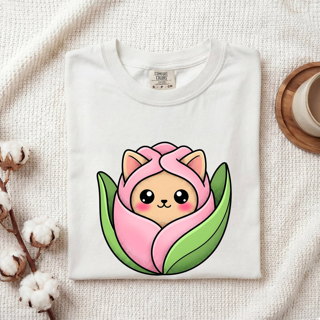 Cat Bouquet Shirt for Women – Whimsical Floral Illustrated Sprigs Kitty Graphic Tee