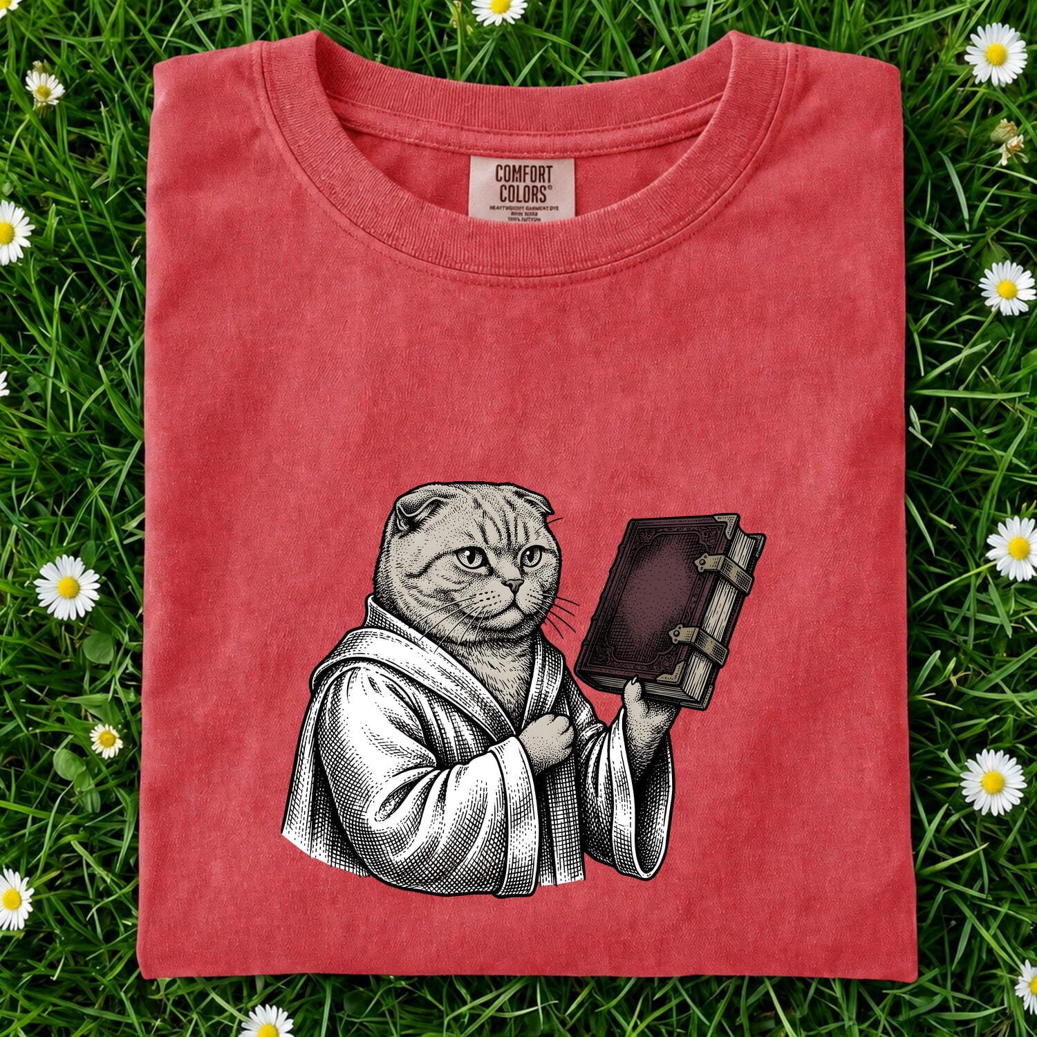 Scottish Fold Shirt for Women – Vintage Bookworm Doodle Illustration Kitten Graphic Tee