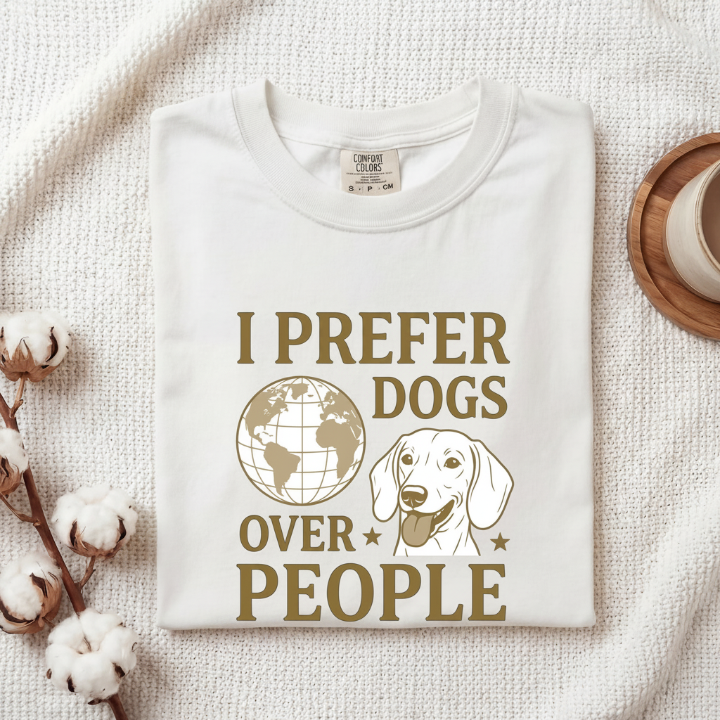 Dog Face Shirt lifestyle flat lay on cream knit blanket with cotton stems and coffee
